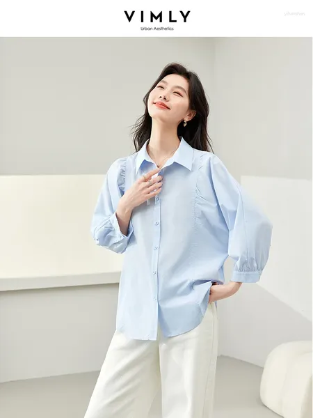 Frauenblusen Vimly Blue Revers drei Viertel Ärmel Casual Shirt 2024 Springknöpfe auf einfache Hemden Frauen Tops 30116