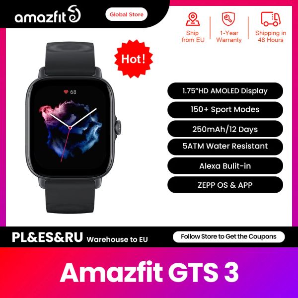 RELISÕES NOVO Amazfit GTS 3 GTS3 GTS3 SmartWatch 5 ATM ATM Impermeável Alexa GPS Cycle feminino Monitoramento Smart Watch for Android iOS