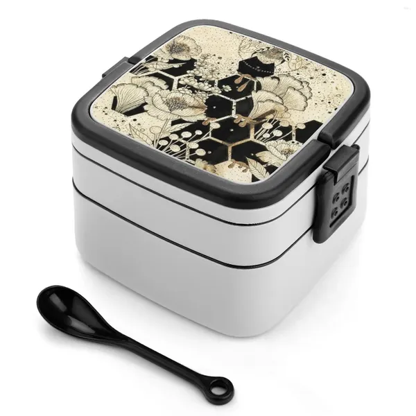 Dinkware Space Ape a doppio strato bento box pranzo portatile per bambini scuola nera linea di lavoro miele pettine dolce