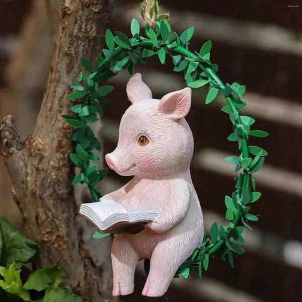 Dekorative Blumen künstlicher Kranz Schwein Statue Süßes Wandhängedekor Tier Ornament Home Dekoration für Terrasse Fenster Bauernhaus Garten