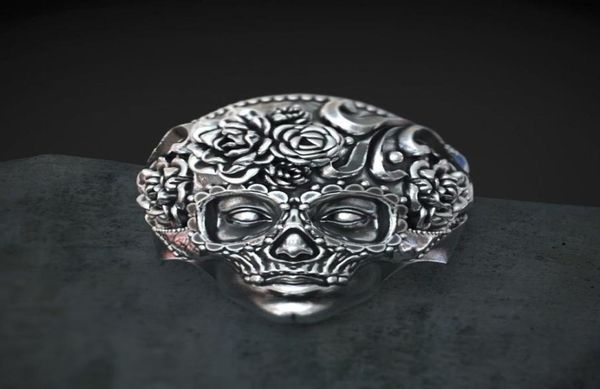 Anello di teschio di zucchero pesante in acciaio inossidabile 316L UNAMENTO MANDALA FLOWER SANTA MUERTE BIKER GIOITÀ DELLA TUAGNO 7 148048849