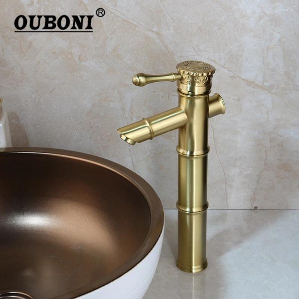 Torneiras de pia do banheiro ouboni escovou dourado bambu bambu torneira de água sólida misturador antigo tap top 2kg