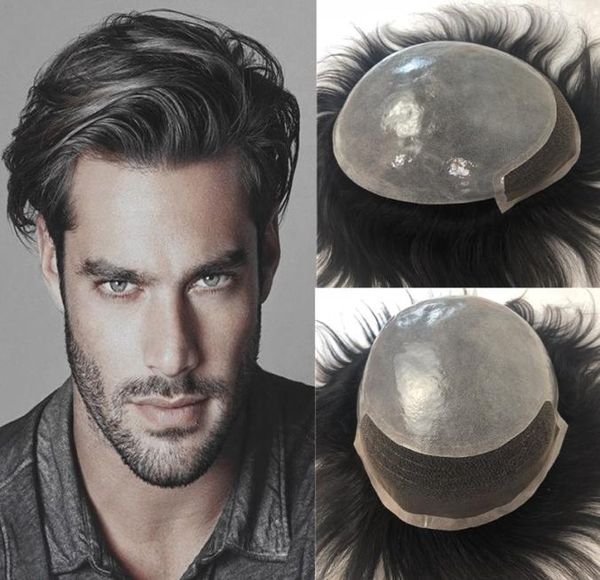 Skin Pu Toupee for Uomini Swiss Lace con PU Human Haipe Toupee Front Mens Toupee Sostituzione Sistema di sostituzione naturale Uomini dritti neri H2519299