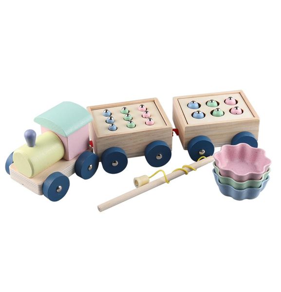 Montessori -Spielzeug für Holzzüge Fischereispiel Feinmotorische Fähigkeiten Lernen Magnet Fischstangenklemme Hadstäbchen Bildung Kinder Geschenk3163104