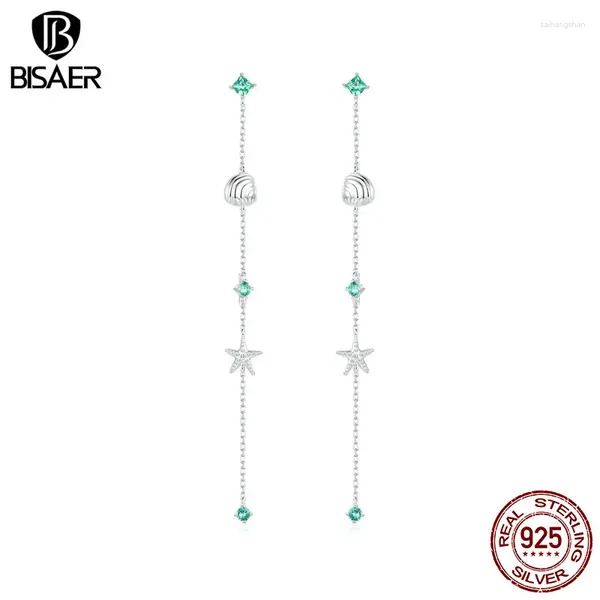 Bolzenohrringe Bisaer 925 Sterling Silber Blue Ozean Langes Ohrfaden Muschel Starffische für Frau Strand Party Fein Schmuck Geschenk