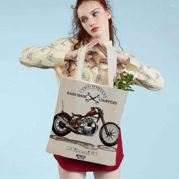 Einkaufstaschen Vintage Schädel Motorrad Frauen Leinwand Student Tasche Handtasche wiederverwendbares Falttuch lässig Lady Cartoon Bag für Männer