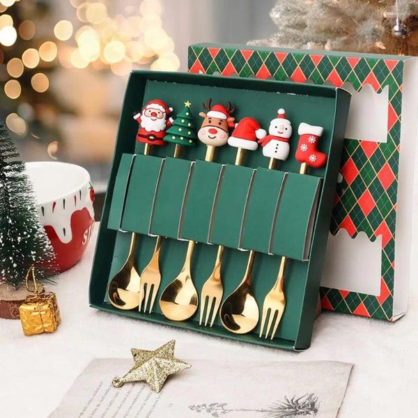 Geschirrsets 6pcs/Set Weihnachtskaffeelöffel Gabeln Set mit Geschenkbox Edelstahl Weihnachtsanzauber