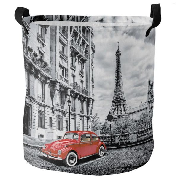 Wäschetaschen Red Vintage Car Paris Tower Street Faltbarer Korb großer Kapazität wasserdichte Speicherorganisator Kid Toy Bag