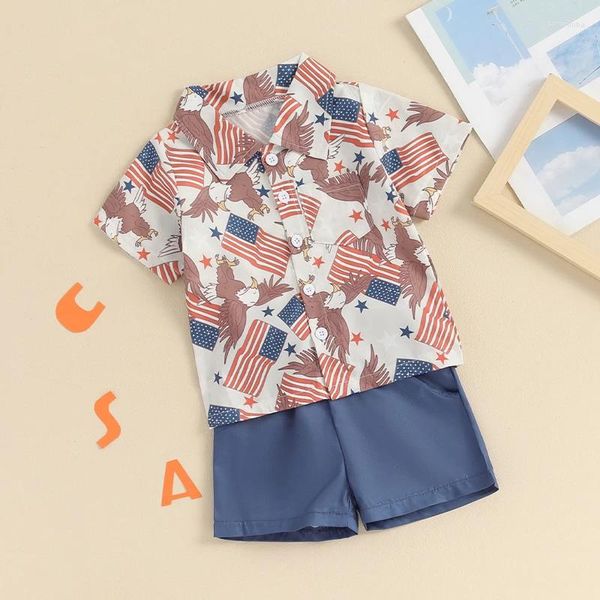 Roupas Conjuntos de roupas 4 de julho Toddler Boy Boy Roupet Eagle USA Bandle Button Prind Down Top Elastic Shorts Casta de verão Roupas de cavalheiro