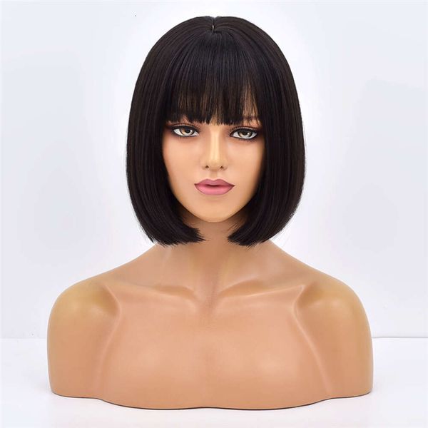 12 '' Bob Black Machine fez elegantes perucas de cabelo sintéticas com franja para mulheres