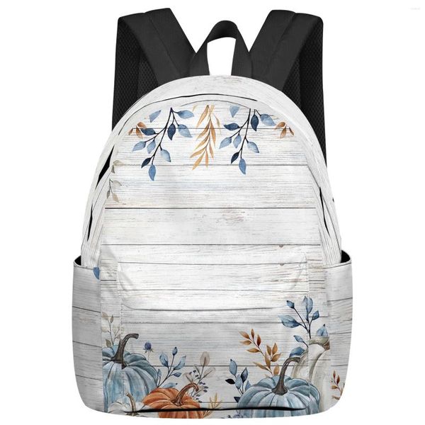 Backpack Ação de Graças Pumpkin Blue Leaves Student School Bags Laptop Custom For Men Mulheres Viagem feminina Mochila