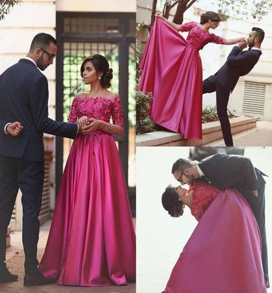 Fantasy Pink Arabic Prom si veste dalla spalla a maniche lunghe splendide corpi appliqes floreali 3D a una linea abiti da ballo pareno1509289