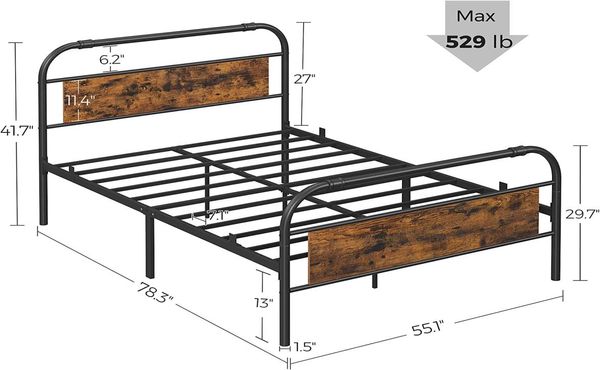 Estrutura de cama de metal de tamanho completo com cabeceira sem caixa sem caixa de plataforma de plataforma Storagerustic Brown e Black9948452