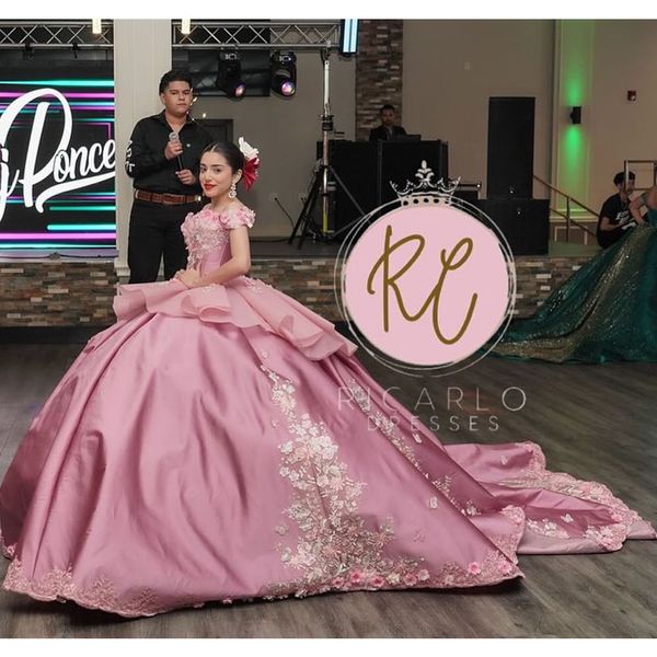 Gonna rosa gonfia principessa quinceanera vestiti fuori spalla perle 3dflorali gillter lace-up corsetto charro vestido xv 15 anos messicano