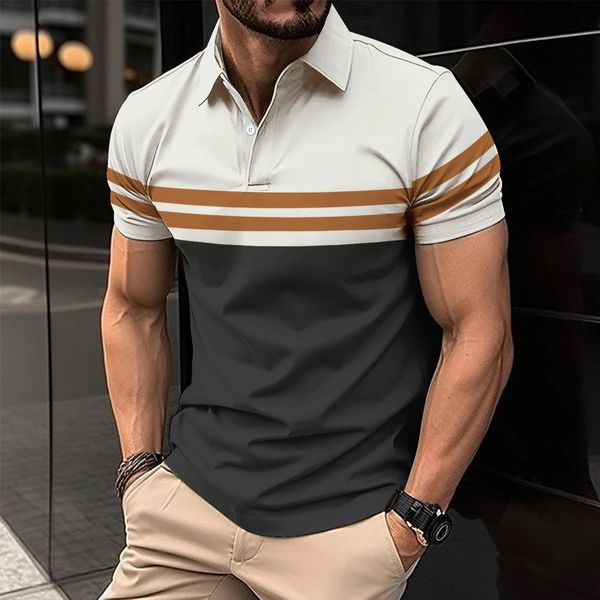 Yaz Men Kısa Kollu Polo Gömlek Moda Bir Stripe Baskı T-Shirt Erkek Nefes Alabilir Gömlek Erkekler Giyim Top 240412