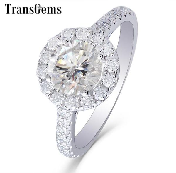 Transgems Center 1ct Halo Moissanite Обручальное кольцо 14k белого золота цвет GH 65 мм мойассанит с акцентами для женщин ювелирных изделий Y19063458101