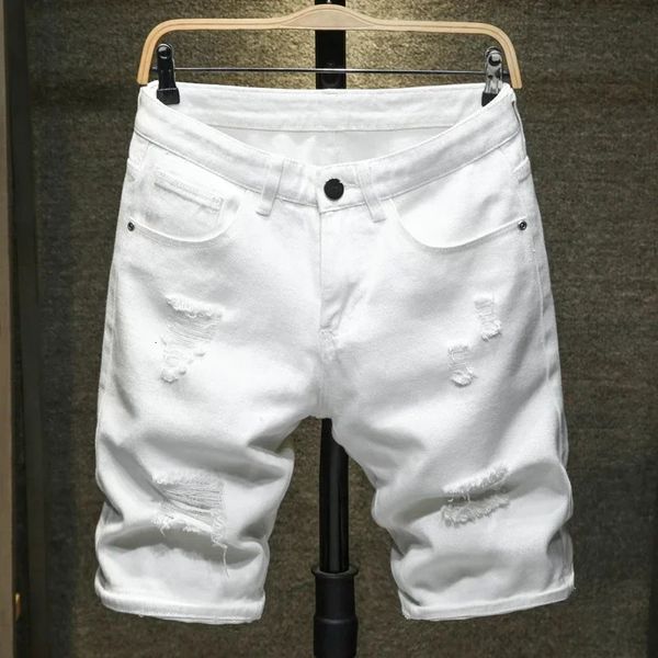 Jeans brancos shorts homens moda calça rasgada de joelho simples casual slim hole jeans shorts masculinos machos de rua 240410