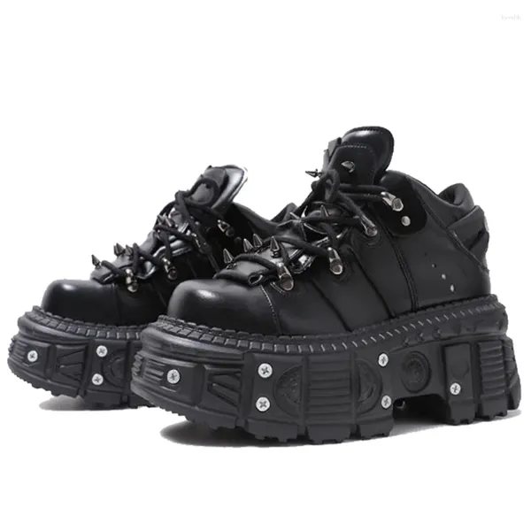 Scarpe casual 2024 Punk in stile punk Donne altezza del tallone allacciata 6 cm Piattaforma Woman Gothic Cadle Rock Stivali Metal Decor Sneakers