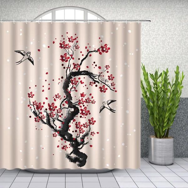 Duş perdeleri Çin tarzı mürekkep boyama seti ağaç bitki temalı banyo dekoru su geçirmez polyester küvet perde kancalar
