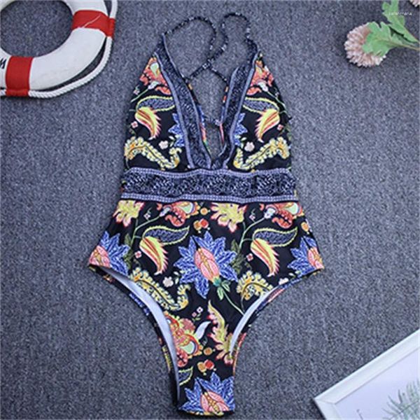 Menas de banho feminina de luxo estampa biquíni de biquíni Deep-v backless backless Monokini retro maiô férias férias de férias de 1 peças de banho Boho maiô