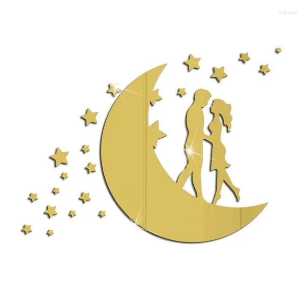 Adesivi per finestre 066e Moon Star Coppia Specchio Acrilico Sticker Valentino per San Valentino DECORATIVO 3D DECALE DELLA parete artistica fai -da -te per casa TV soggiorno TV