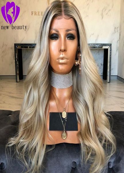 Blonde Haare Langkörperwelle Ombre Blonde Farbe Spitze vordere Perücke Glueless dunkle Wurzel synthetischer Spitzen vordere Perücken 9658104