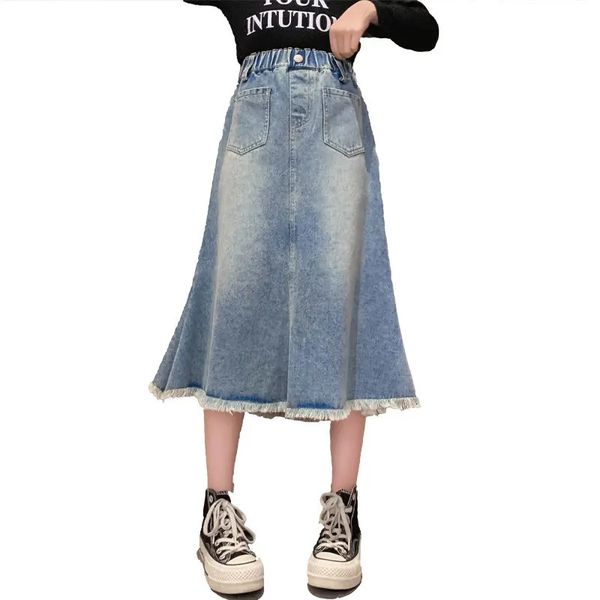 Escola Meninas Denim Salia de Fishtail Four Quatro Temporada Cantura Casual Midi Salia para crianças Moda Pocket Teenage Kids Jeans 13 14y 240329