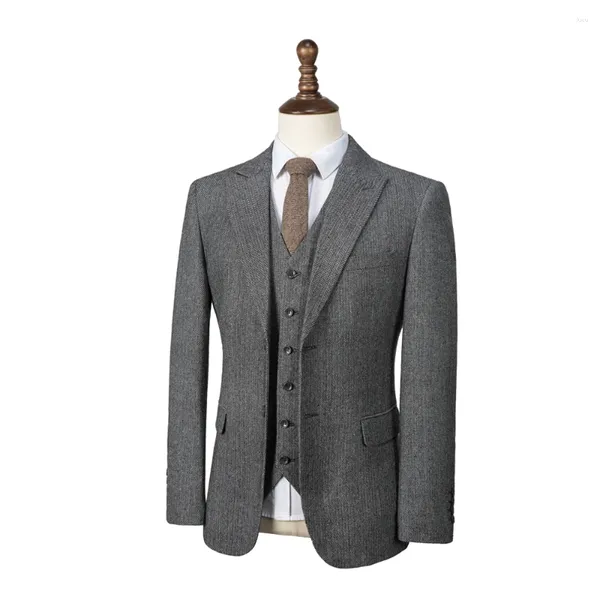 Ternos masculinos Cinzenados de Herringbone Cinzento Tuxedos de Jaqueta de 3 Peças Vesto Vesto de Lapela Men de Laped de Chaqueta