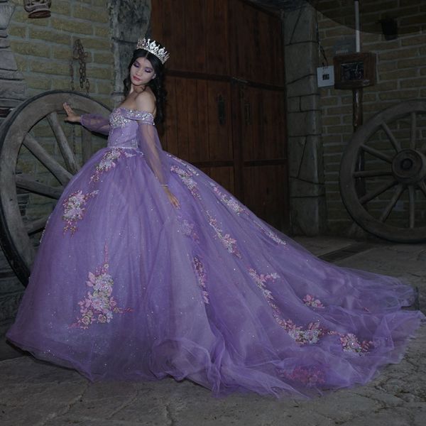 Splendidi abiti da quinceanera Lilac Quinceanera di perline Flora 3D Flora Stupy Abito da ballo Dresess per abito da 15 adolescenti