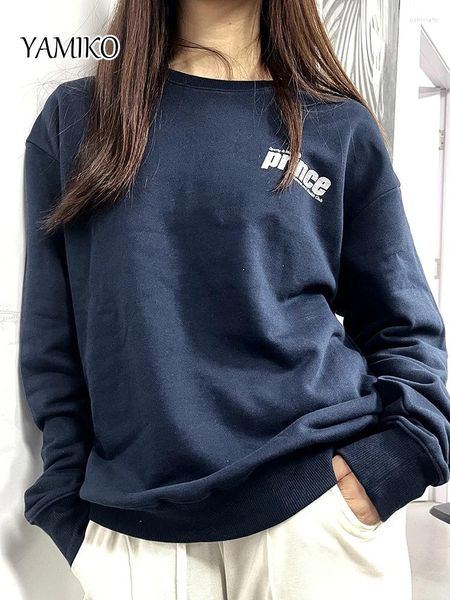 Damen Hoodies Yamiko Navy Blue Cotton lässige sportliche sportliche Sweatshirts O-Neck losen Buchstaben Klassische Pullover Street Mode Tops Frauen Frauen