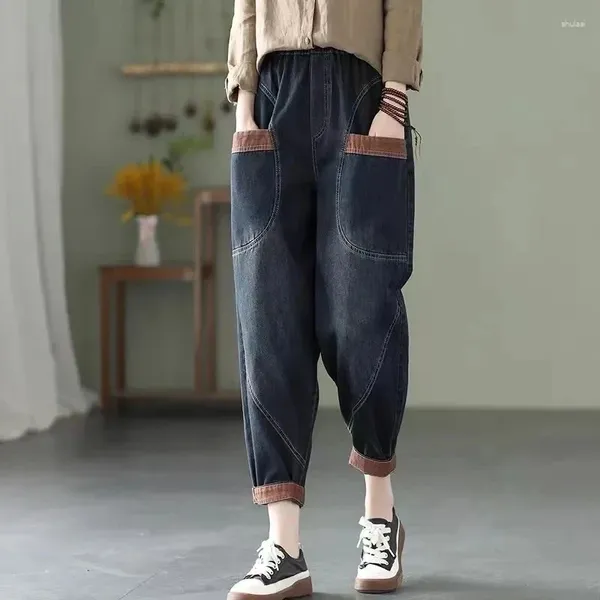 Jeans femininos 2024 retalhos de retalhos de cintura elástica BF Pocket Plus Size Black Harem Pants Vintage Torno
