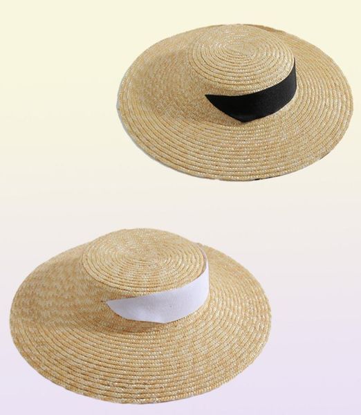 Francês Vintage Hépburn Straw Hat Summer Vacation Beach Baps Long Ribbon elegante Capinho plano Bandagem larga Brim Brim Hats4852040