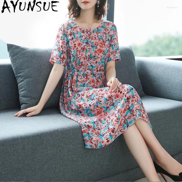 Abiti per feste Ayunsue Summer Silk Floral Dress Women di alta qualità Elegante spiaggia Boho 2024 vestiti per Vestido Midi J6980