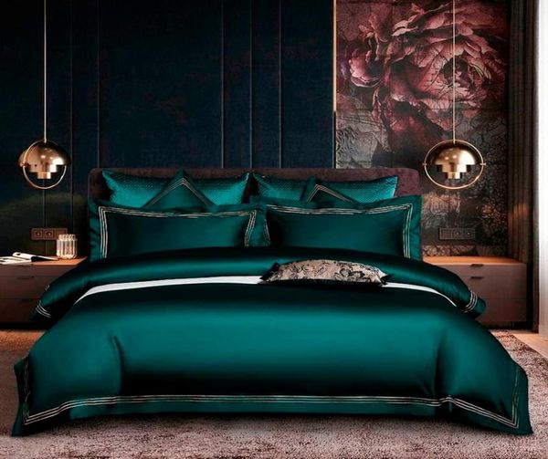 Coperchio blu profondo ricamato a blu verde set premium soft egiziano in cotone lettiera set Queenking Dimensione 4 pezzi 1 foglio letto 2 pillowcasi C8064394