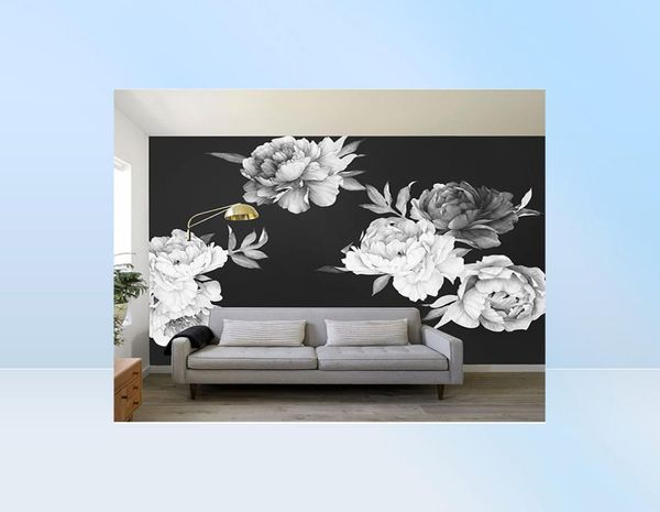Aquarela preta e branca Peony Flowers Rose Sticker Decoração de casa Decoração da sala Crianças Decalque de parede Decoração 2205233227053