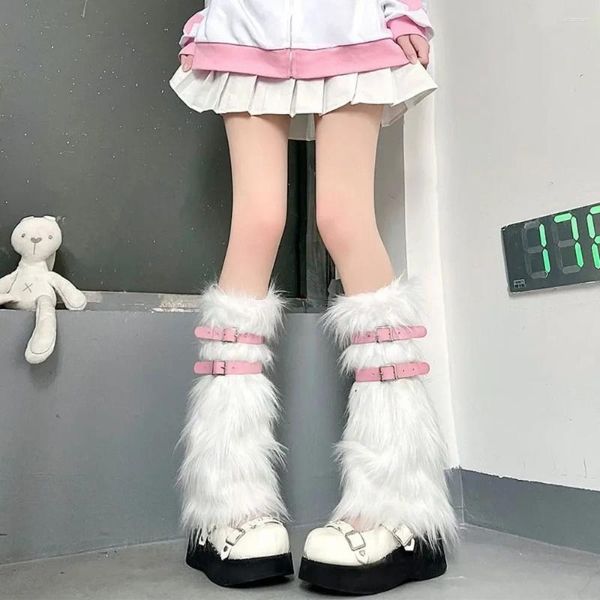 Donne calzini in pelle PUGLIE gamba con fibbia più calda inverno copertura peluche calda peluche a medio polpaccio imitazione pelliccia y2k ginocchiera lunghi stivali