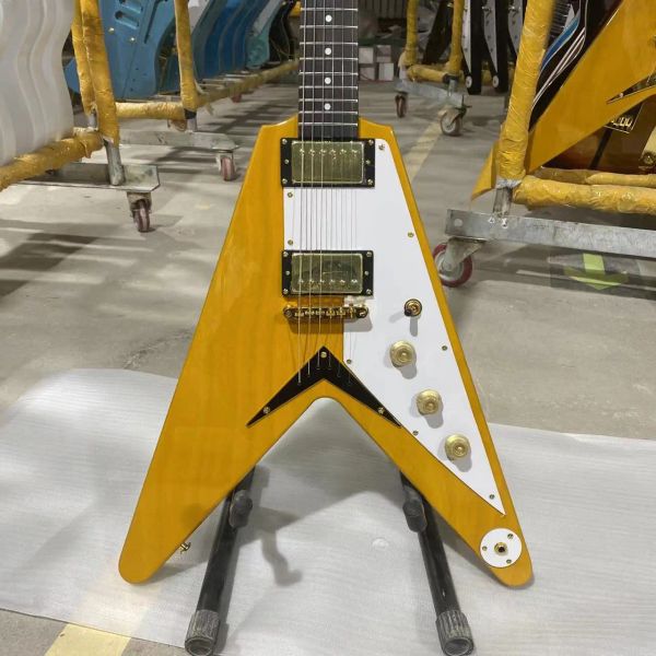 Versione chitarra flyv chitarra elettrica trasparente colore giallo hardware oro hardware rosewood tastiera di alta qualità per la spedizione gratuita