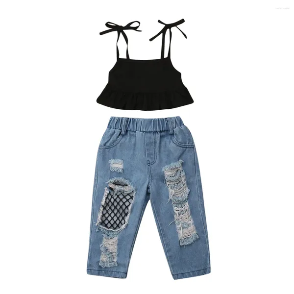 Kleidung Sets Boutique Girl Kleidung Kinder Baby-Outfit Set Hemd Tops Fischnetz Jeans Jeans 2pcs Hosen Größe 2-6y