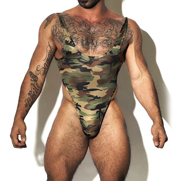 Herren sexy Jumpsuit Solid Stretch einteilige Unterwäsche Camouflage Bodysuit Shaper Weste Wrestling Singulett Open Butt Rompers 240410