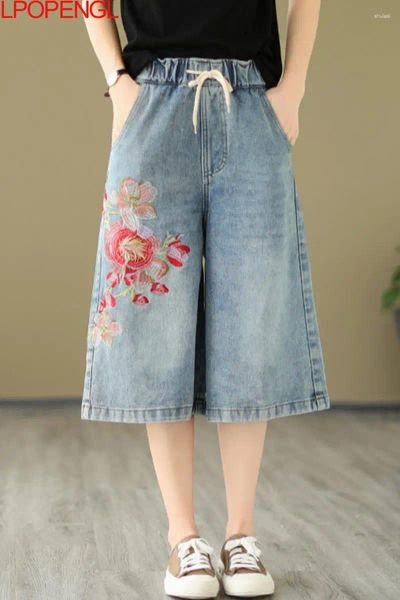 Frauen Jeans 2024 Sommer ethnischer Art Stickerei Blume Lose Split Wide Bein