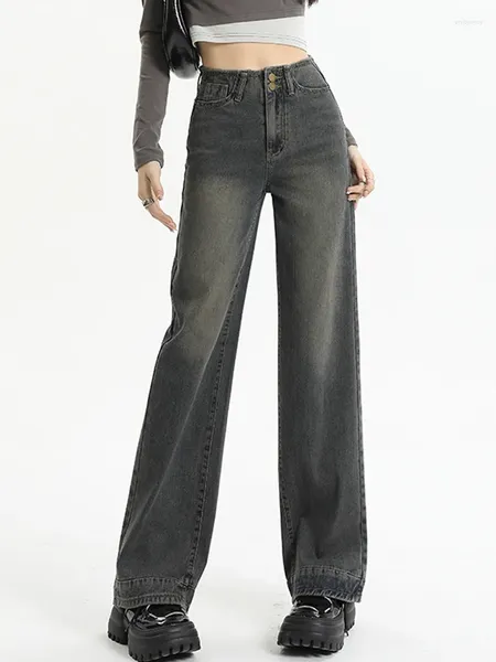 Frauen Jeans Vintage Straight Leg Women 2024 Herbst Winter Mode Streetwear Lose Taille Wide Jeanshosen Hosen
