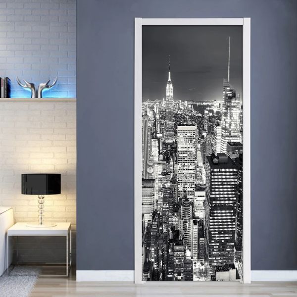 Aufkleber 3d Tapete Schwarz weiß Stadt Gebäude Landschaft Mural Wohnzimmerstudienzimmer Tür Aufkleber PVC Selbstklebstoff wasserdichtes Handy Papier