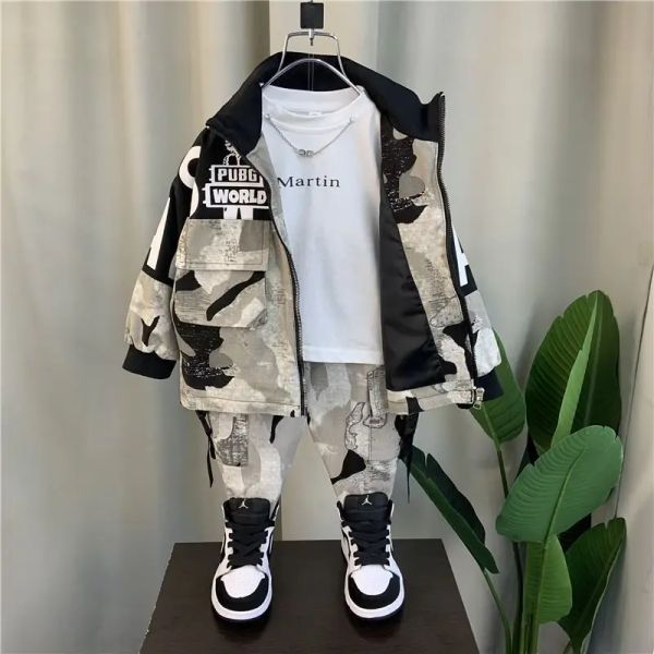 Pantaloni 2022 ragazzi babys set giacca di moda lettera abbigliamento da ragazzo abito da adolescente per bambini crollo coreano tops + pantaloni cotone 2 3 6 8 10 anni