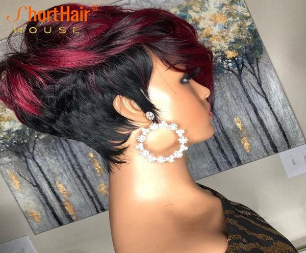 Ombre Burgundy kırmızı kısa pixie kesilmiş insan saç peruk doğal dalgalı peruklar ile patlama ile brezilyalı remy saçlar için siyah kadınlar için tam makine ma8807081