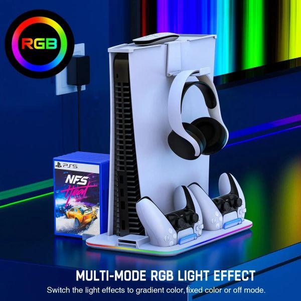 Ständer RGB Dual Controller Ladedockstation für PlayStation 5 Disc/Digital LED Cool Light Cooling Staion für PS5 vertikaler Ständer