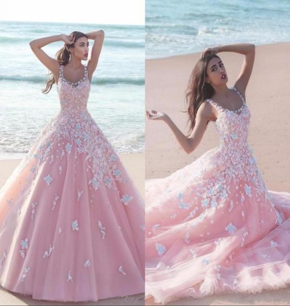 Abito a sfera floreale rosa Abiti Quinceanera 2020 Applique Tulle Scoop Scolle di pizzo senza manico