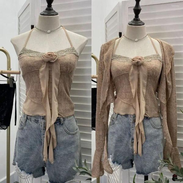 Tanques femininos Halter Top Cardigan Conjunto Sexy Flower Ruffle Ribbon Camisole Slim Fit Bell Sleeves Tank