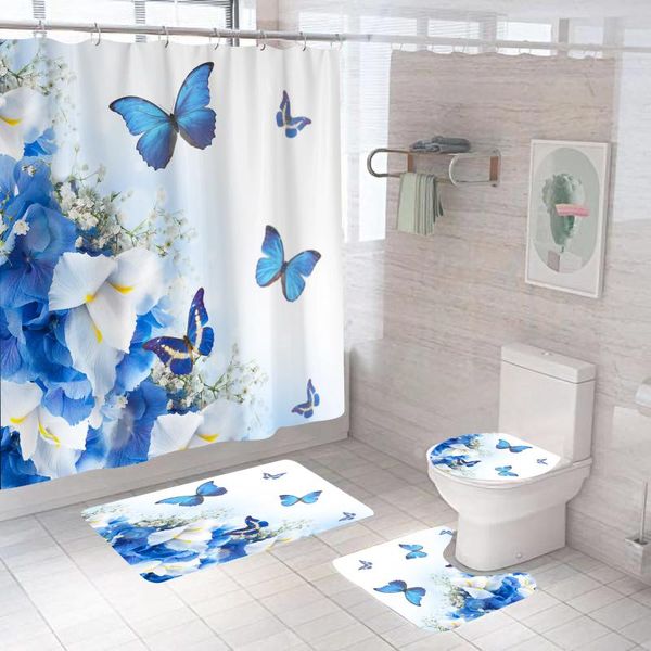 Duş perdeleri 3d kelebek seti renk su geçirmez kumaş banyo perdesi, kayma önleyici halılar tuvalet kapağı kapak banyo mat damla