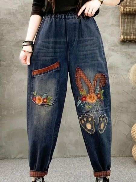 Frauen Jeans Herbst Literary Vintage Stickerei Lose vielseitig