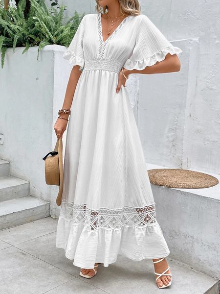 Zarif Katı Beyaz Uzun Elbise Kadın Giyim Bohemya içi boş etek Seksi Kısa Kollu Elbiseler Yüksek Bel Plaj Partisi Maxi Elbise 240412